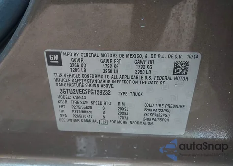 2015 GMC Sierra 1500 Slt from USA, damaged, VIN 3GTU2VEC2FG159232